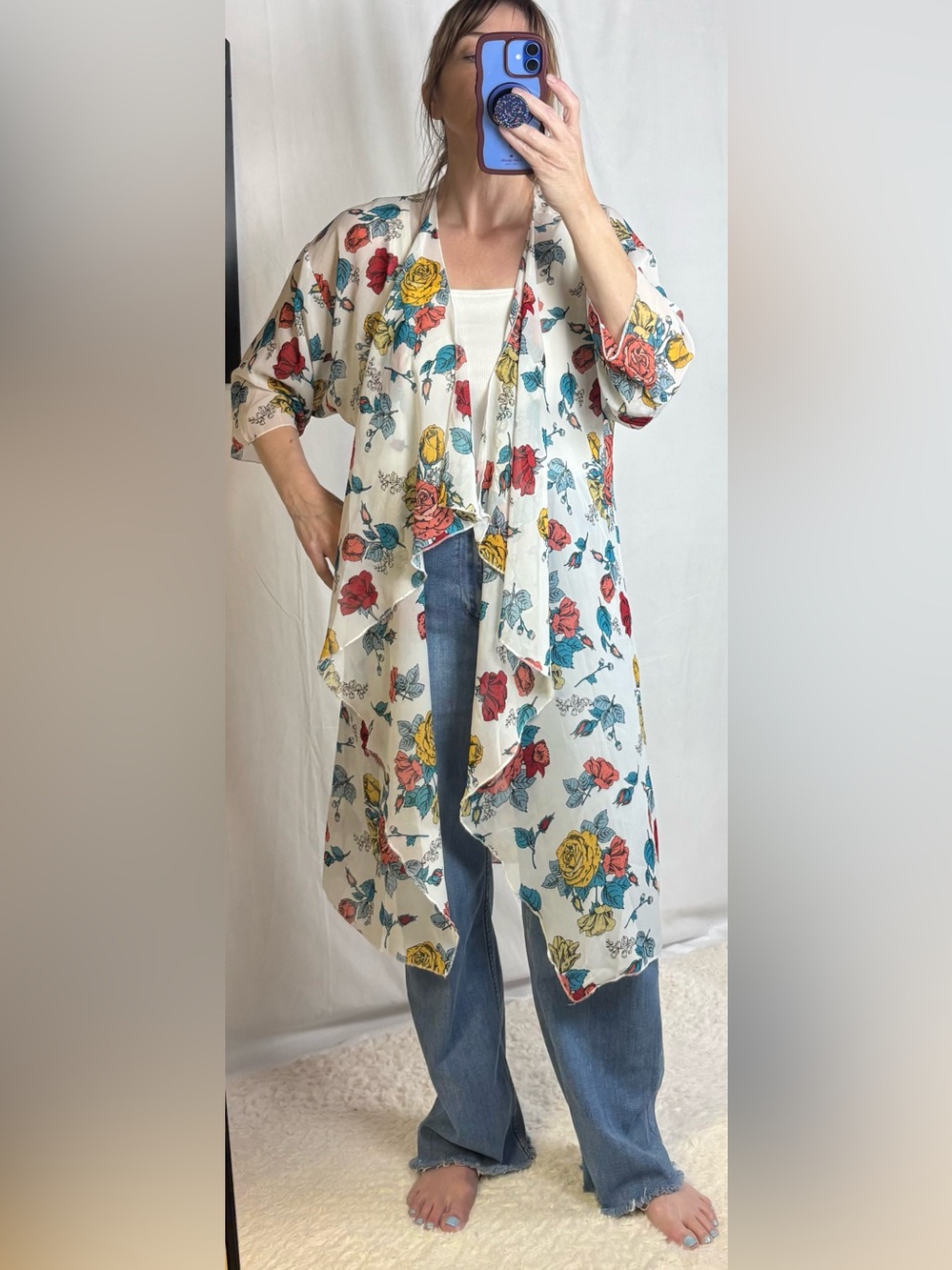 LuLaRoe White Floral Swim Coverup with Red, Yellow, Teal Flowers